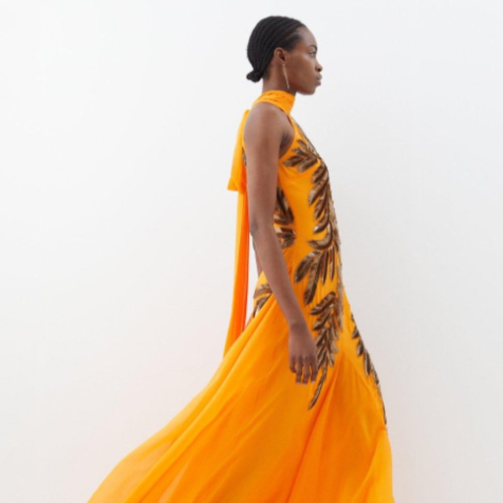 Karen Millen Orange Maxi Dress with Black Leaf Appliqué - Picture 2 of 4
